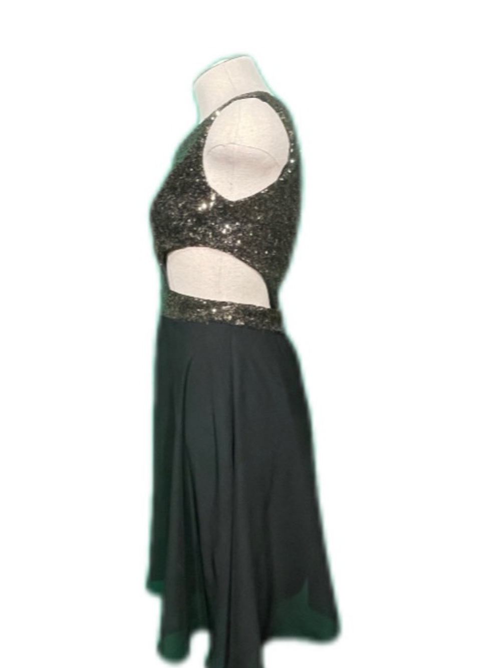 Vintage Black Gold Sequin Dress | Chiffon Skirt Side Cutouts | Small Extra Small - Picture 2 of 12